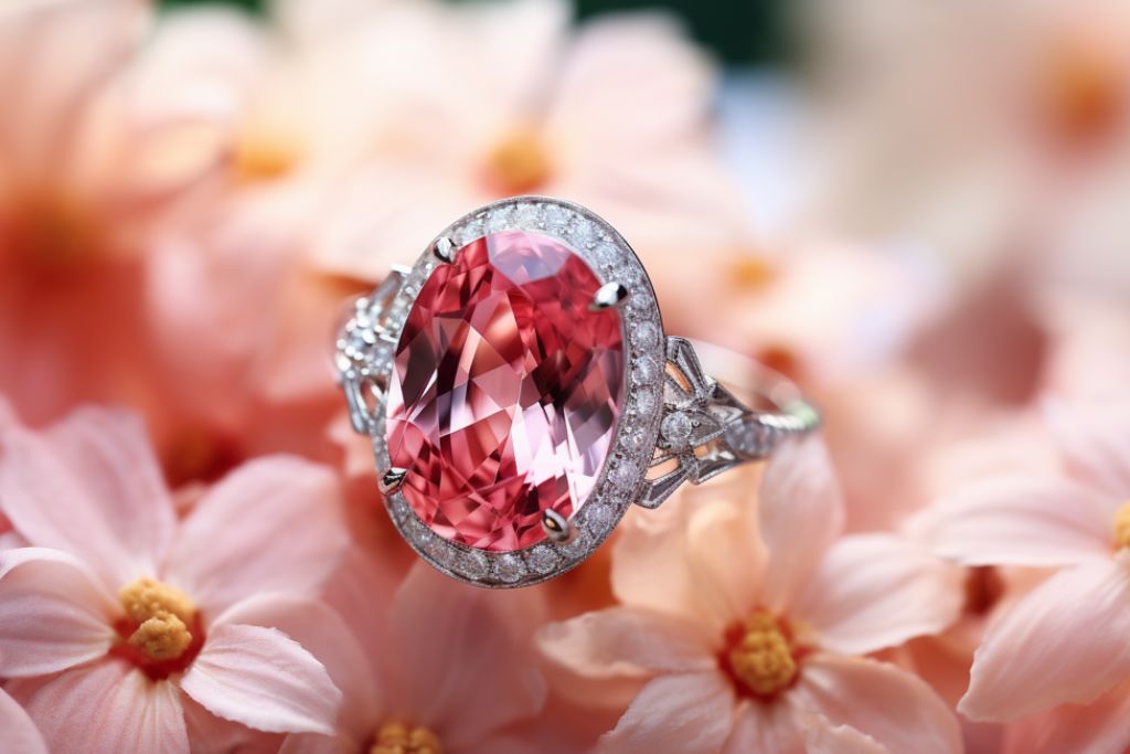 padparadscha sapphire ring on top of pink flowers