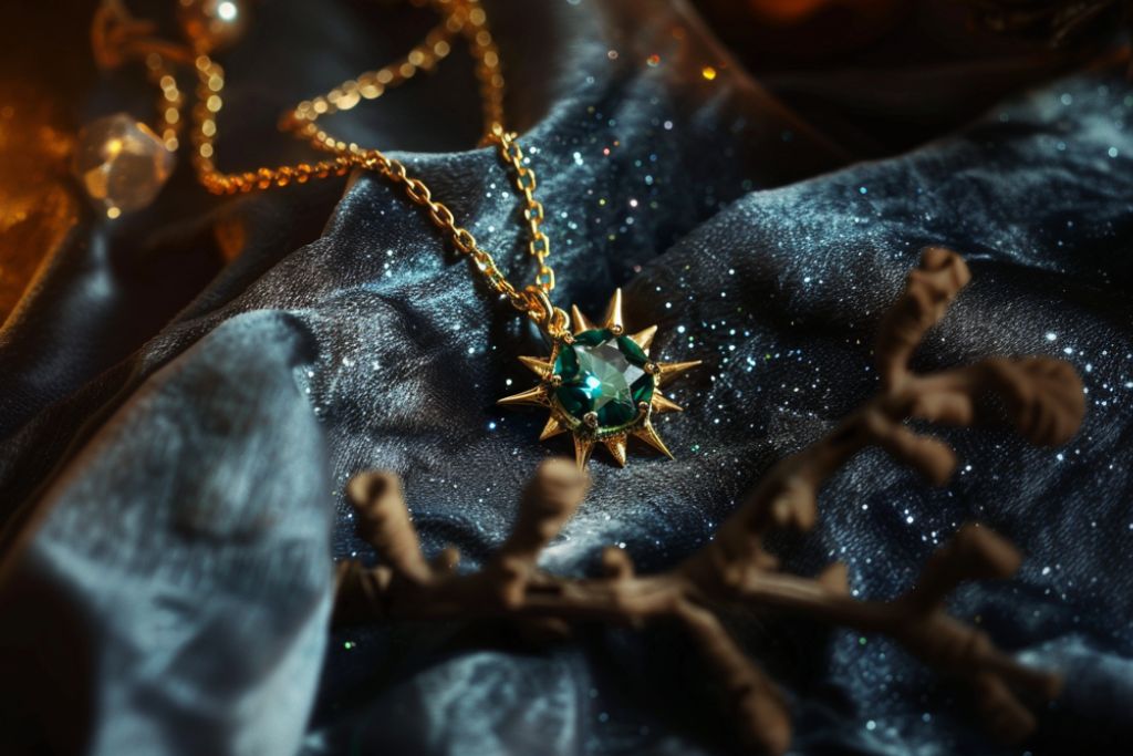 starlight gem necklace situated on bluish silk fabric