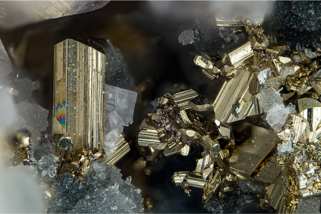 A gold-toned Calaverite crystals with striated surfaces, surrounded by smaller white and gray mineral formations.