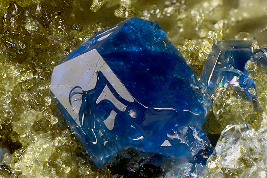 A vivid blue Hauyne crystal embedded in a matrix of yellow-green and clear mineral formations.